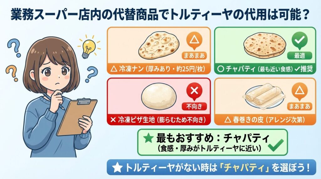 業務スーパー店内の代替商品でトルティーヤの代用は可能?