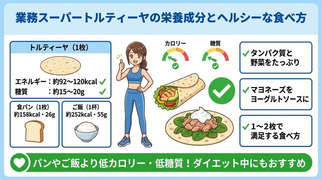 業務スーパートルティーヤの栄養成分とヘルシーな食べ方