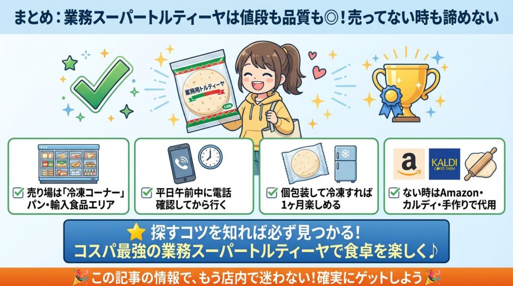 まとめ:業務スーパートルティーヤは値段も品質も◎!売ってない時も諦めない