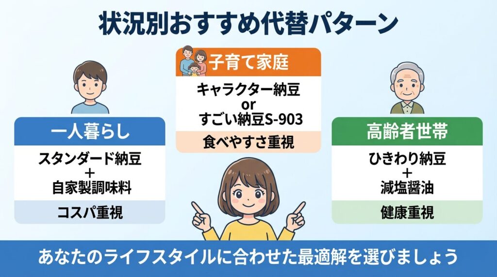 状況別おすすめ代替パターン（一人暮らし・子育て家庭・高齢者世帯）